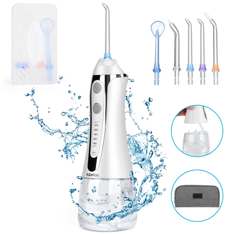 Irrigatore orale dentale cordless professionale H2ofloss Water Flosser - Flossing impermeabile e portatile IPX7 ricaricabile per la pulizia dei denti, serbatoio da 300 ml a casa e in viaggio (HF-2)